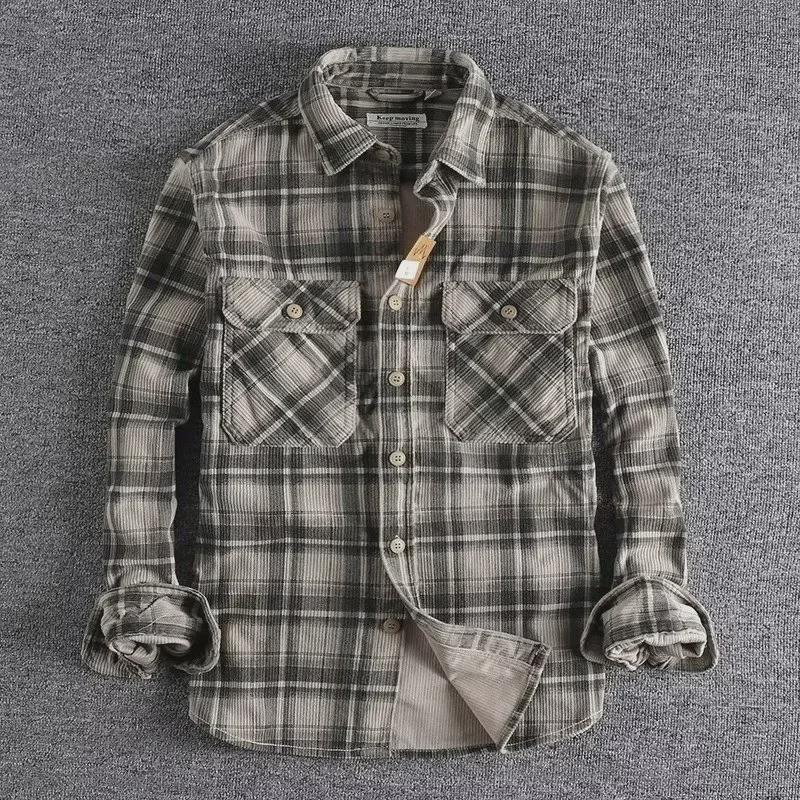 Men's Classic Plaid Corduroy Shirt - Retro Khaki, Long Sleeve, Spring/Autumn Comfort