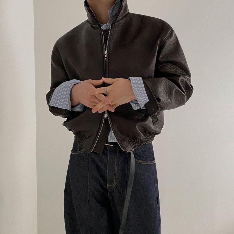 EastRogue Maillard Retro Short Leather Jacket Men's Loose Lapel Jacket Korean Version Trend Made of Worn Leather Jacket