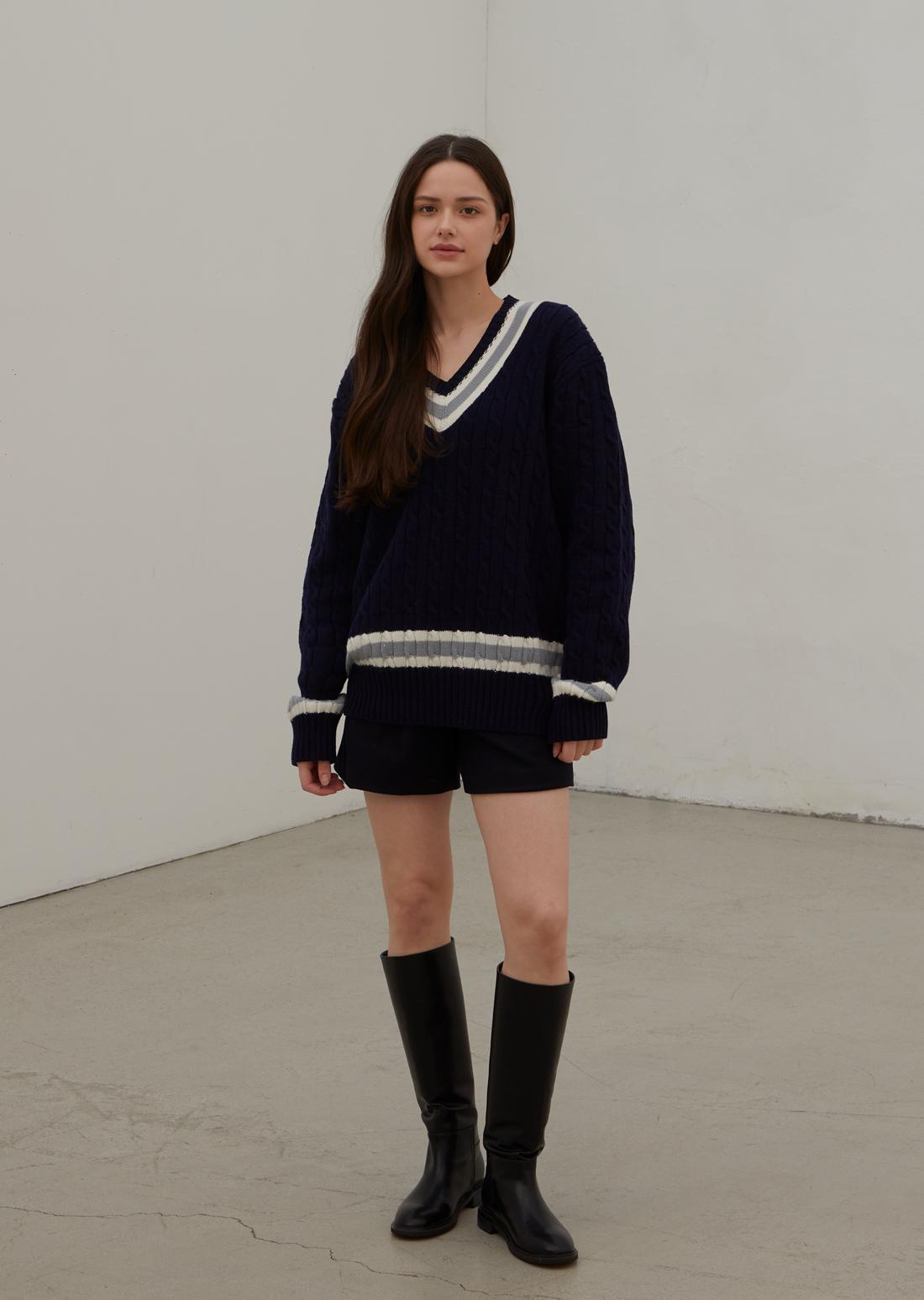 Junesi Sports Club Jsc V-Neck Cable Preppy Knit (Navy) L