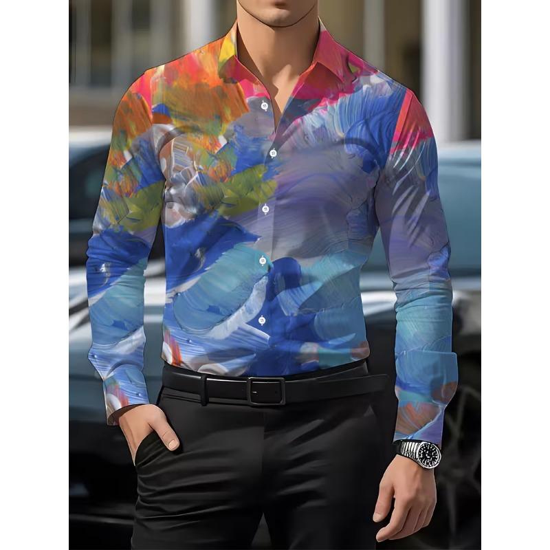 men's long sleeved shirt 3D printed line pattern design and men's lapel button Spring Autumn casual top Men Clothing