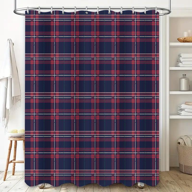 Modern Plaid Shower Curtain Waterproof Bathroom Decor with Hooks Green Blue Black Stripes (180x275cm)
