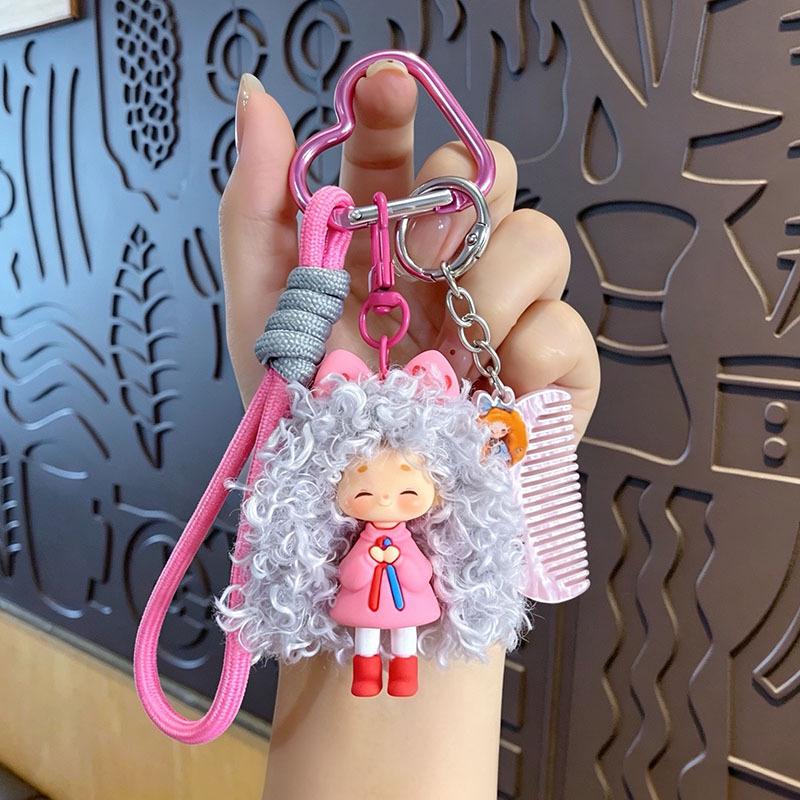 Creative Cartoon Wavy Hair Girl Keychain - Cute Phone Lanyard & Bag Charm Gift