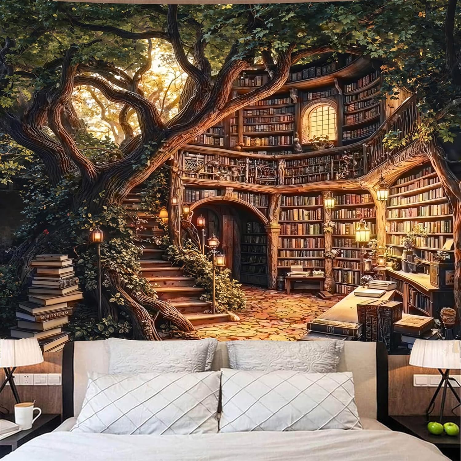 Jmg Household Supplies Unisex Forest Library Tapestry Tree Bookshelf Tapestry Fantasy Vintage Book Treehouse Tapestries Wall Hanging Decor For Bedroom Dorm