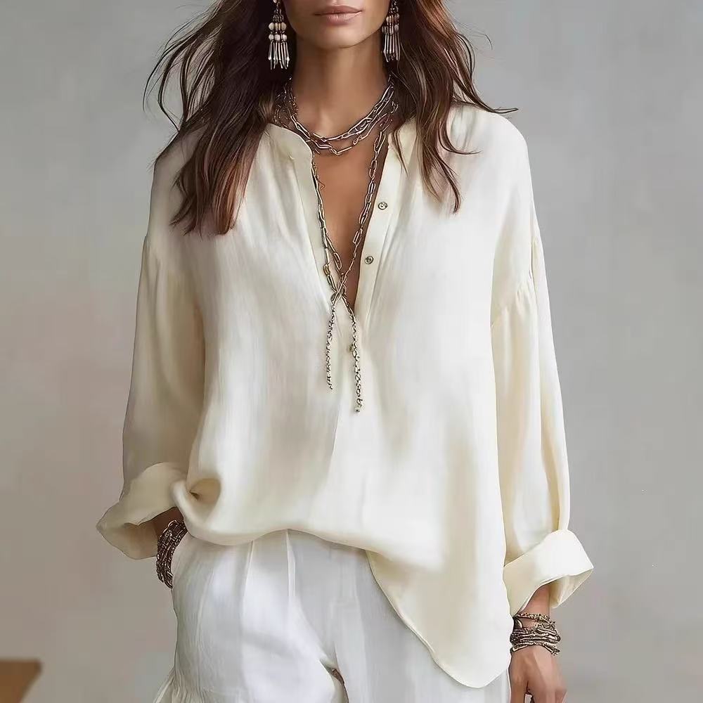 Women S Minimalist Style Cotton Linen Long Sleeve V Neck Shirt