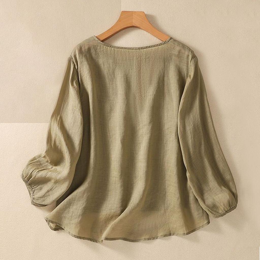 Women's Solid Color Cotton And Linen Long-sleeved Embroidered Retro Breathable T-shirt Round Neck Top