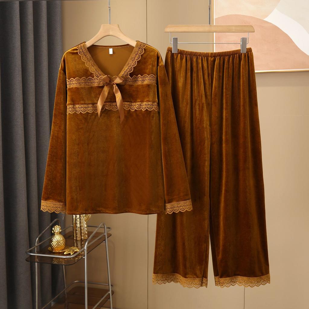 Women's Autumn Winter Velvet Sleepwear Sexy V-Neck Pajamas Set Long Sleeve Pants Nightwear Loungewear Solid Color Home Clothes