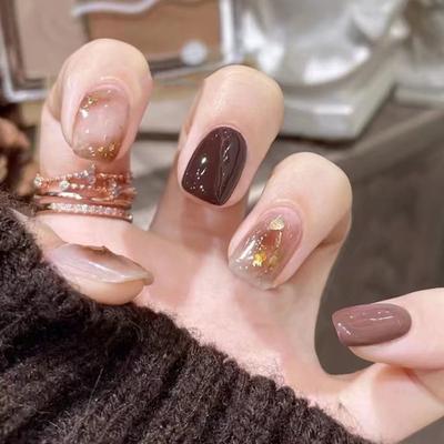 24 Pcs Mocha Brown Smudge Nail Art Autumn and Winter New Wear Nail Chocolate Brown Ice Brown Nail