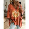 Plus Size Women's Simple Retro Dark Rose Pattern Printed V-neck Top Three-quarter Sleeves Loose Large Size Casual Daily T-shirt