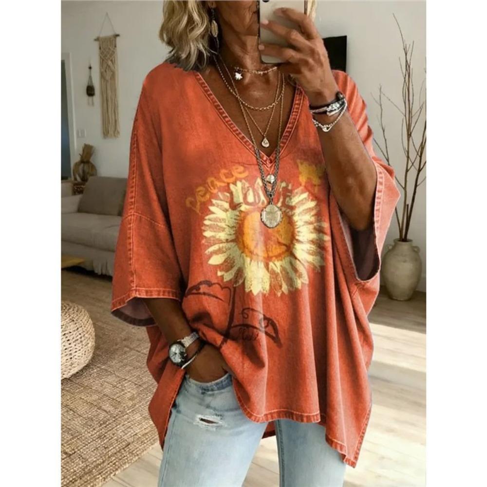 Plus Size Women's Simple Retro Dark Rose Pattern Printed V-neck Top Three-quarter Sleeves Loose Large Size Casual Daily T-shirt