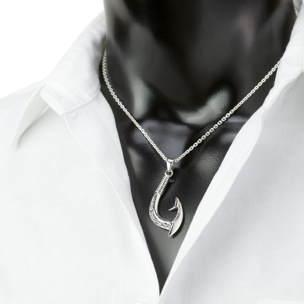 Hawajska biżuteria, haczyk na ryby, naszyjnik ze srebra 925, haczyk na ryby Wave Luck [Ishiki], męski [476svn]