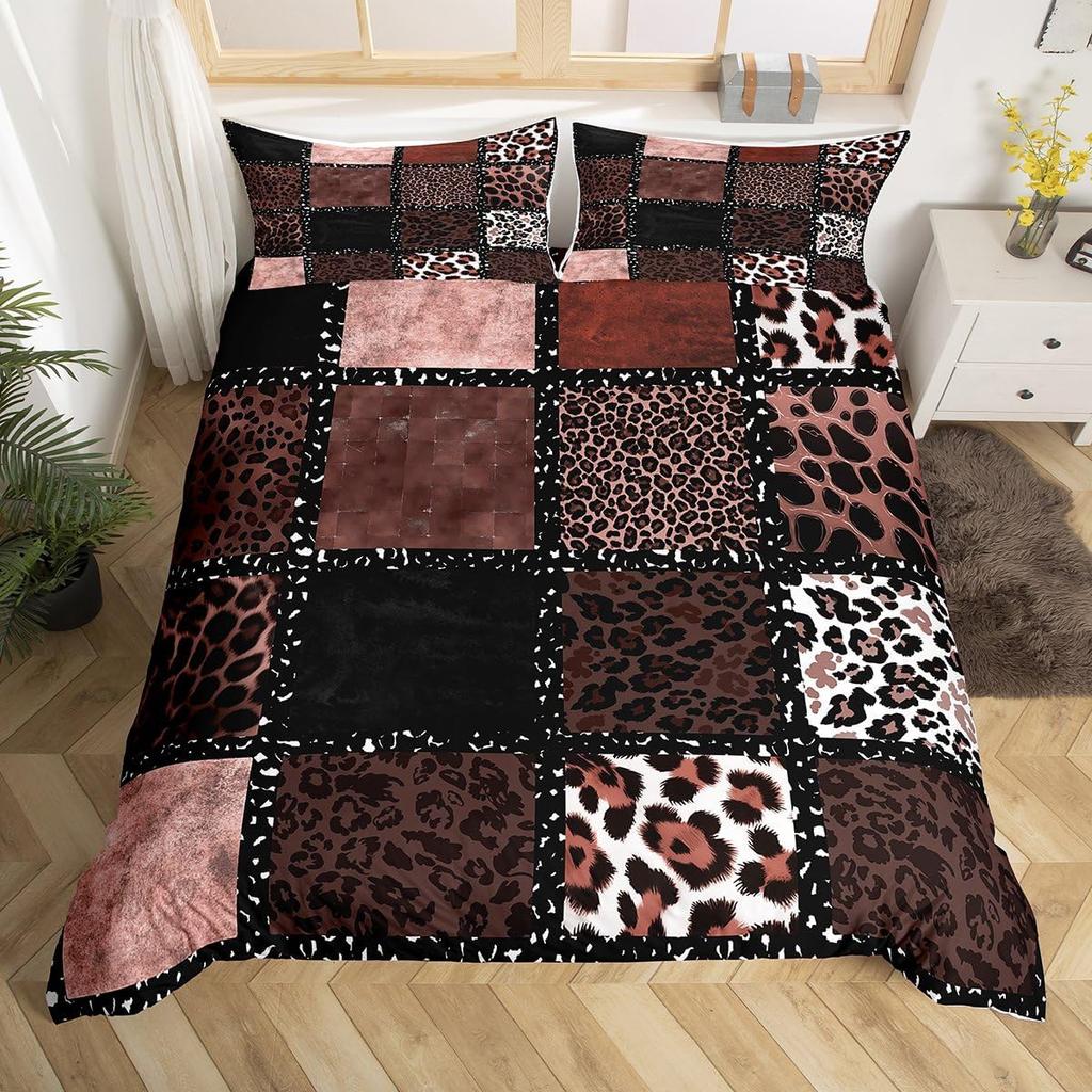 Brown Leopard Print Bedding Set Single Size Patchwork Geometric Duvet Cover With 1 Pillowcase For Kids Adults Black