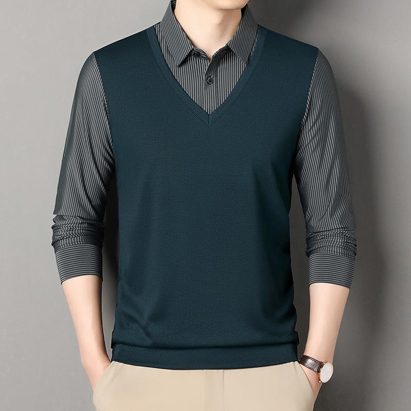 Fake Two-Piece Shirt Collar Long-Sleeved T-Shirt Medium Top Men'S Business Casual Polo Shirt