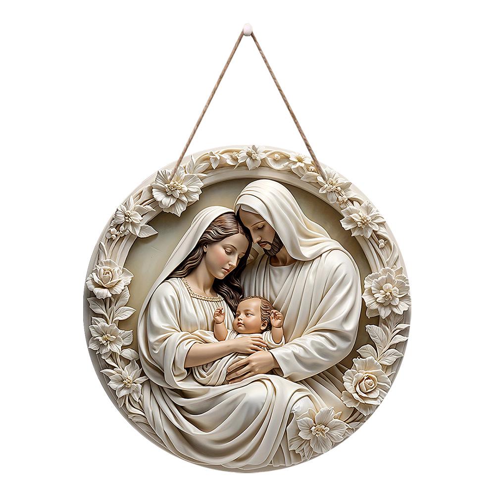 American Country Round Wooden Nativity Resurrection Sign Decor for Family Baptism