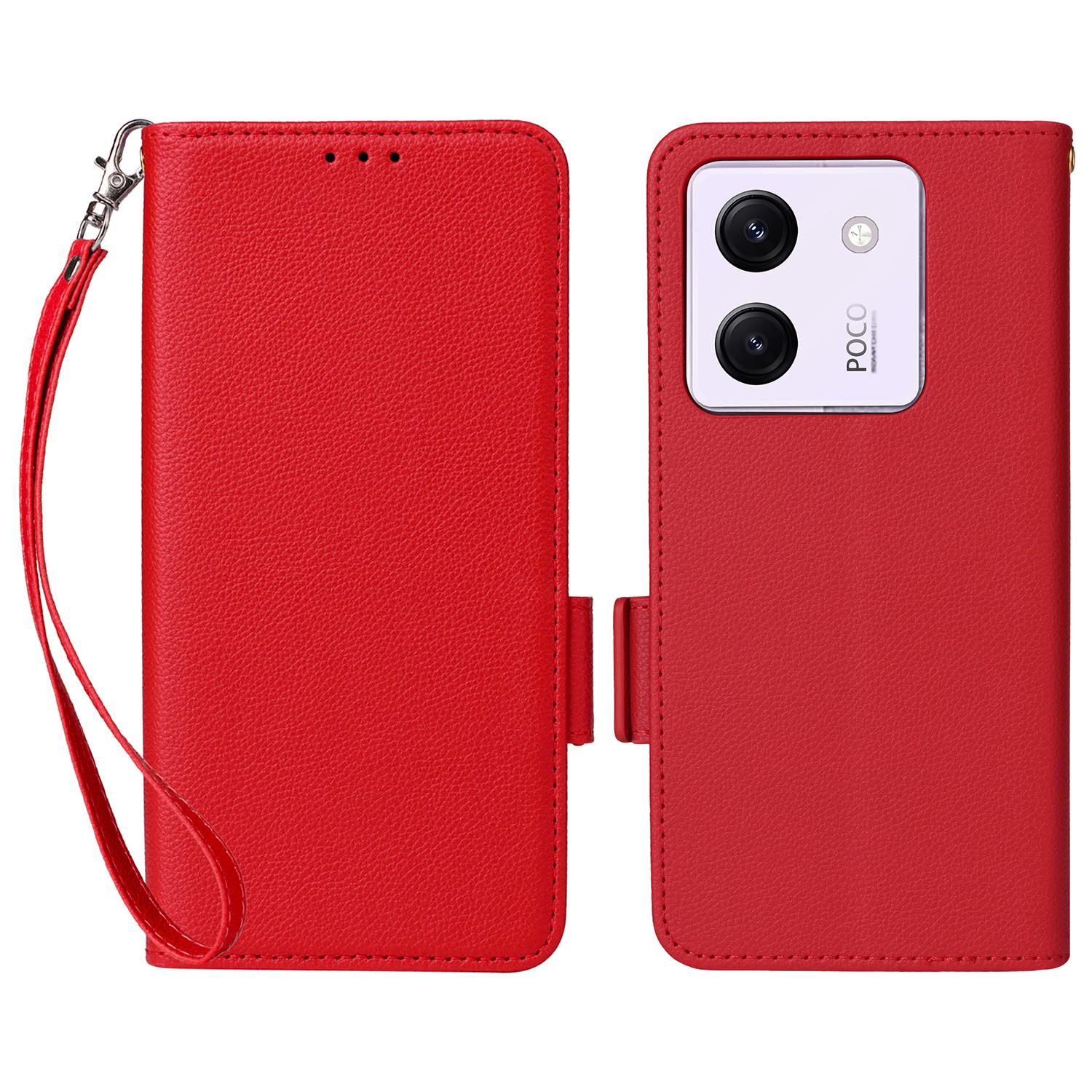 

Чехол для Xiaomi Poco M7 Pro 5G с ремешком на запястье, текстура личи, кошелек из ПУ кожи, чехол для телефона Red