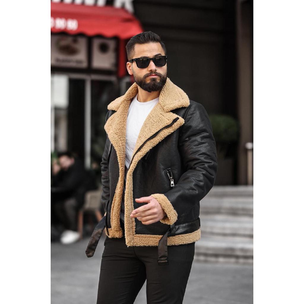 Laminated Leather Double-breasted Coat With Complete Fur Inside