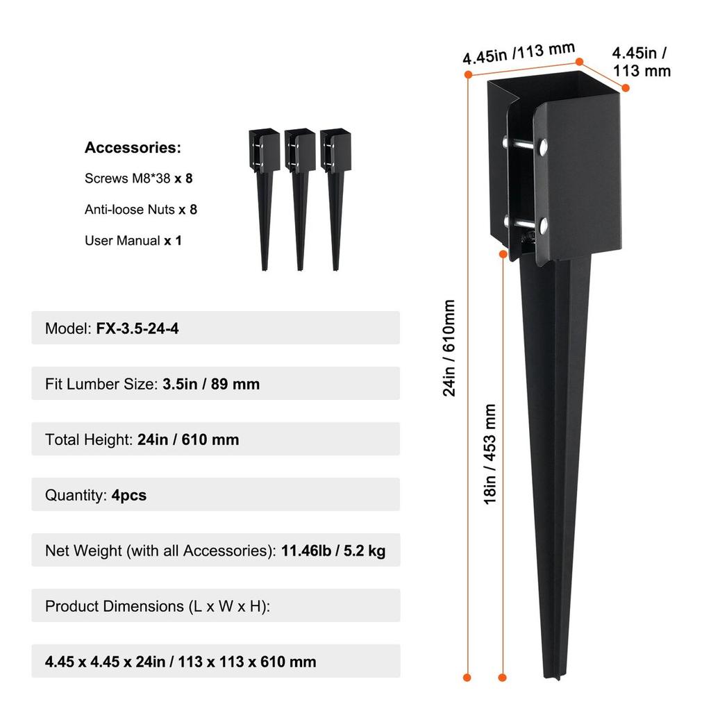 Fence Post Anchor Ground Spike, 4 Pack 24 x 4 x 4 Inches Outer Diameter (Inner Diameter 3.5 x3.5 Inches), Metal Black Powder Coated Post Stake Ground,
