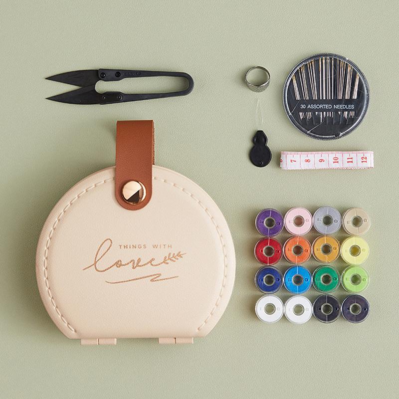 Portable Sewing Kit Needle Thread Button Pin Scissor Thimble Combination Set Pu Leather Case Mini Sewing Thread Accessories