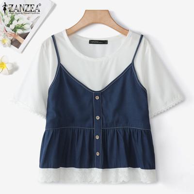 Women Casual Round Neck Patchwork Summer Short Sleeve T-Shirts