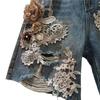 2026 Summer Ripped Denim Patchwork Shorts with Lace and 3D Floral Art