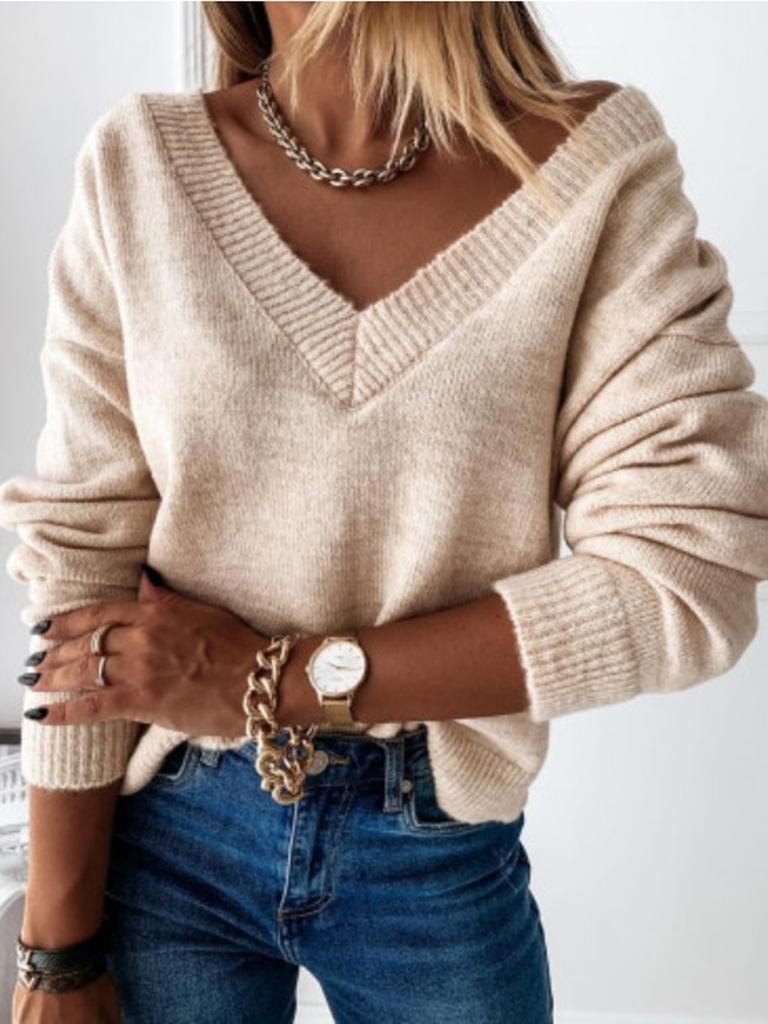 Autumn Winter New Imported Fashion Knitwear Women's Long Sleeve V-Neck Loose Knit Pullover Sweater