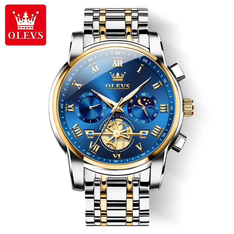 OLEVS Top Original Quartz Men's Watches Classic Roman Scale Dial Moon Phase Waterproof Luminous Luxury Wrist Watch for Male