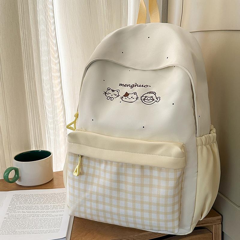 Schoolbag New Cute Cat Embroidered Backpack Female Middle and High School Students Large Capacity School Bag Campus Plaid Versatile Backpack