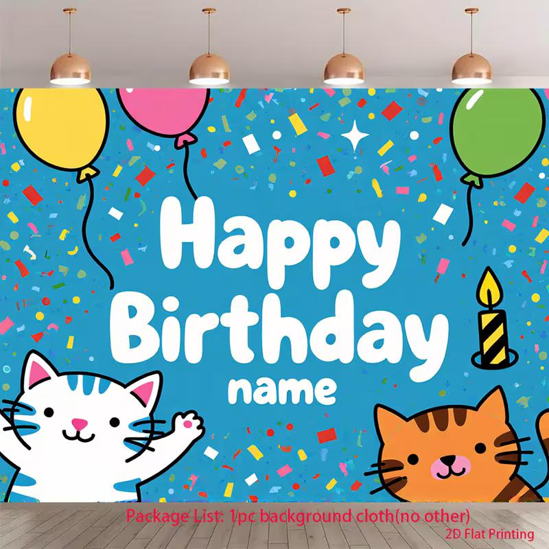 2D Customizable Cat Birthday Backdrop, Kids Party Decoration Background