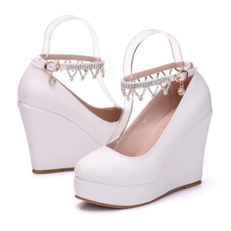 2024 Spring Wedges Women Shoes  Heels Platform Office Party Wedding Pu 10.8cm Shoe Rhinestone Elegant Women Pumps Zapatos Mujer
