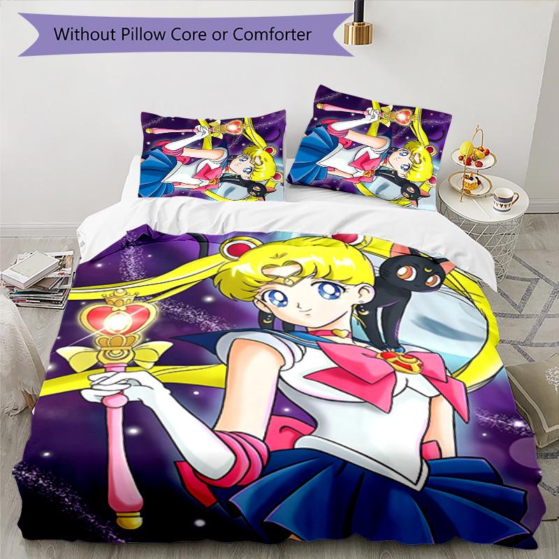 3-teiliges Sailor Moon Design Bettwäsche-Set - HD-bedruckte Bettwäsche mit 1 Bettbezug und 2 Kissenbezügen - Perfekt für die Heim- und Wohnheimdekoration