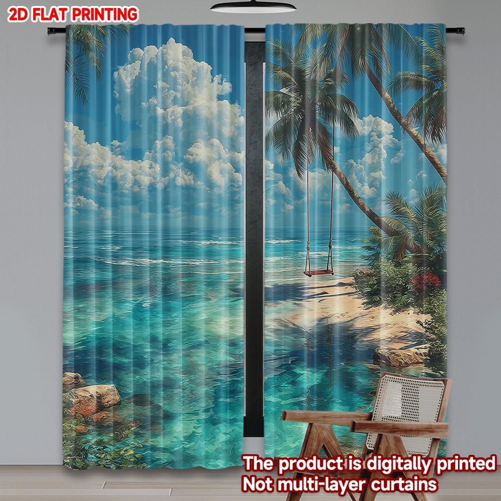 Set Of 2 Digital Print Sea Beach View Curtains Coastal Landscape Window Drapes Living Room Bedroom Home Decor Non Woven Curtain Polyester Perfect For