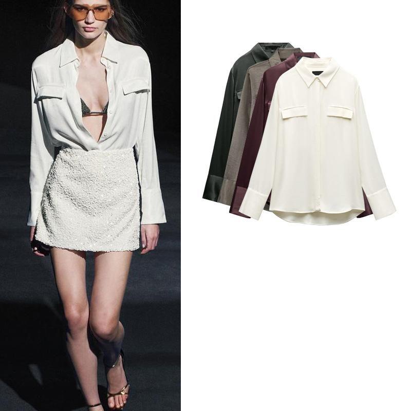 Fall and Winter New Women's Clothing Fashion Style Loose Lapels Pocket Silk Satin Texture Long Sleeves Shirt 8987213