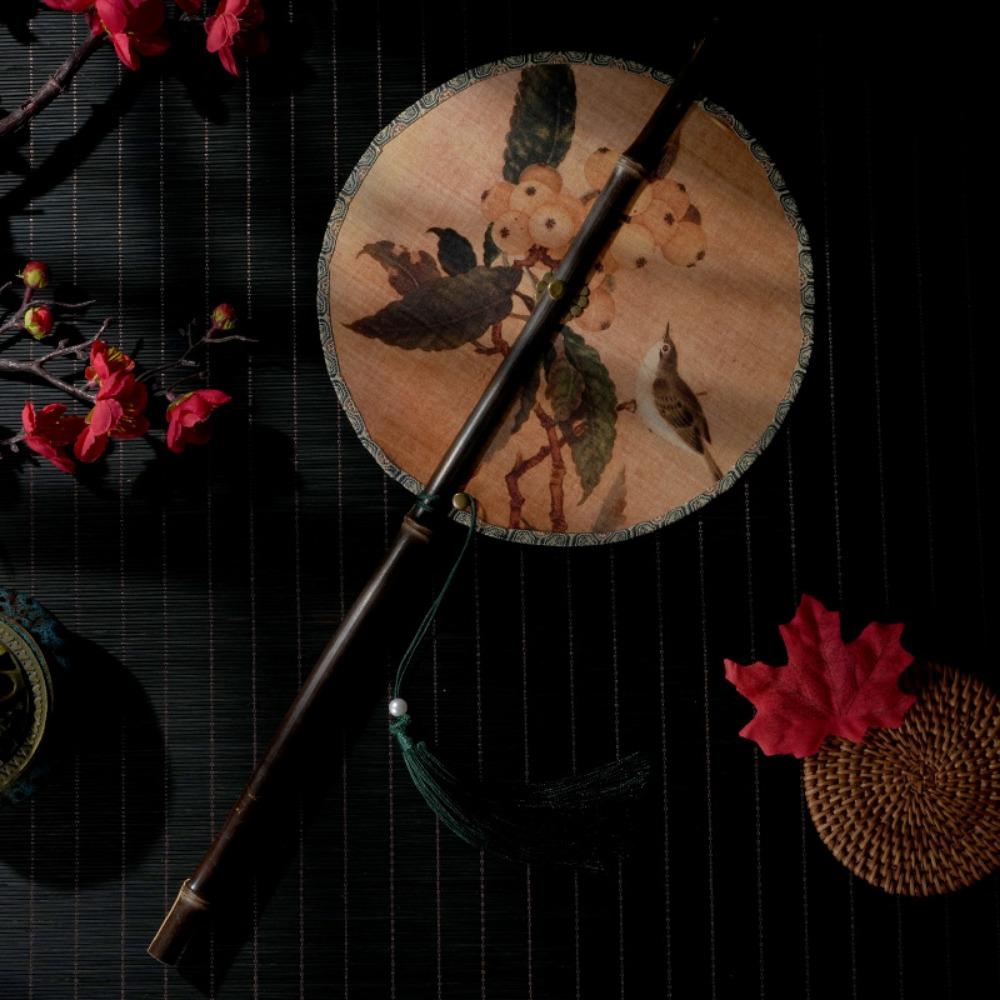 Ancient Purple Bamboo Waist Fan Hanfu Group Chinese Style Long Handle Tassel Folding Fan Classical Portable Hanging