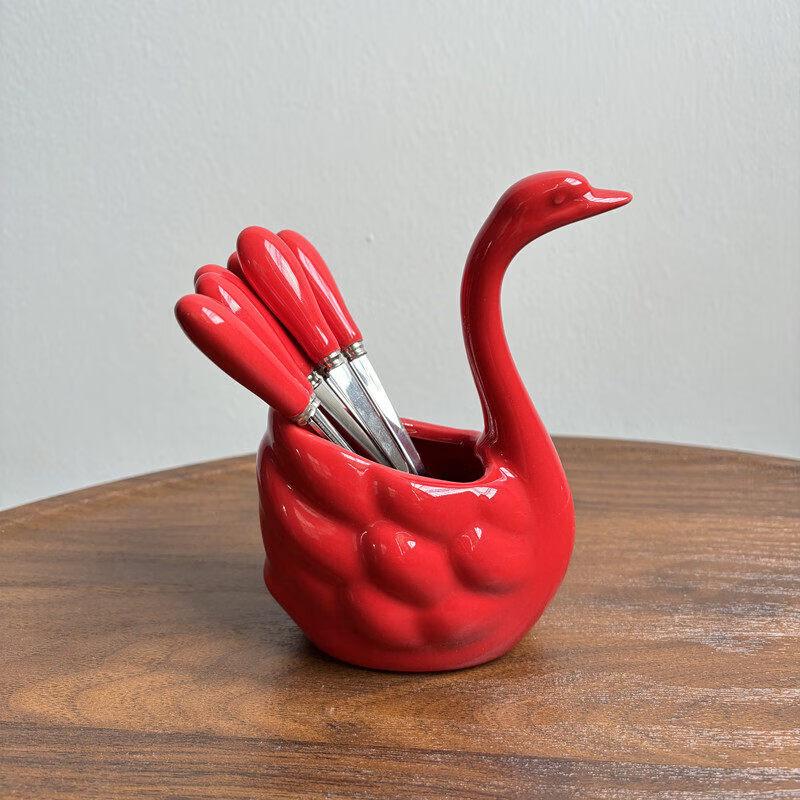 Sevenway 304 Stainless Steel Swan Fruit Fork Set with Ceramic Holder