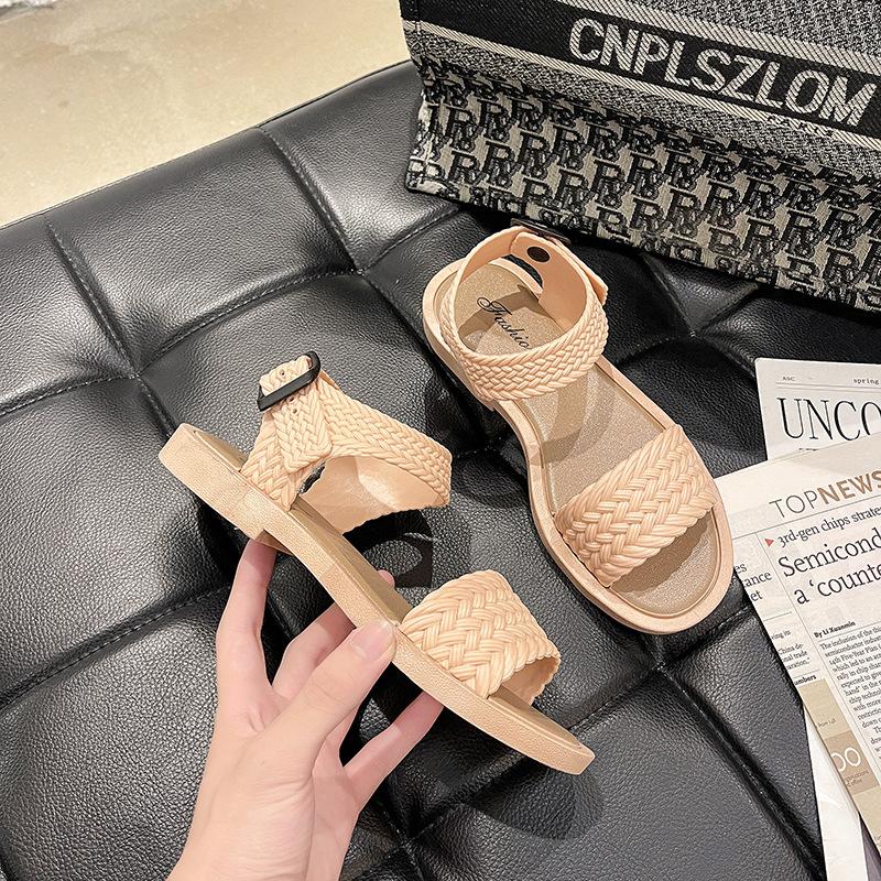 Roman Sandals Women's 2024 Spring and Summer New Buckle One-character Flat Sandals Casual Girls with Skirt Cool Slippers