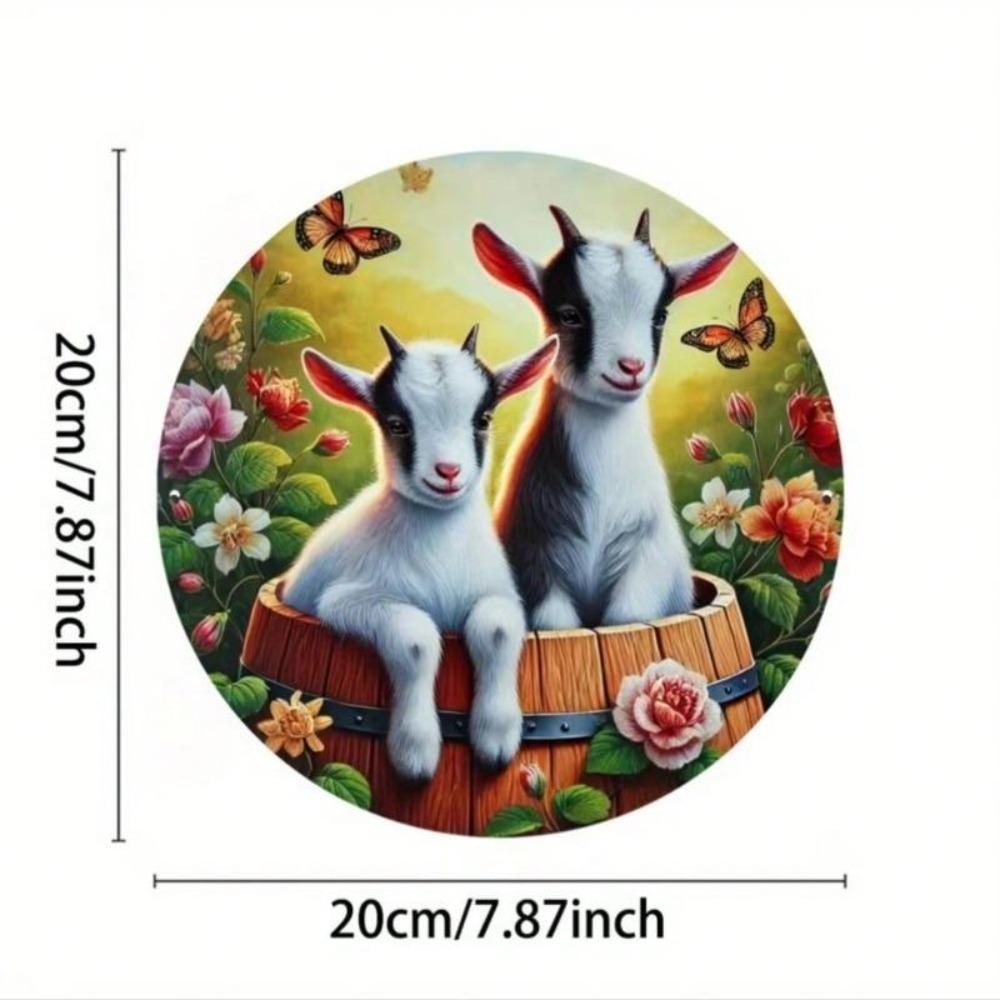 UV Resistant Waterproof Goat Theme Metal Tin Sign Circular Wall Art for Home Cafe Garden Decor