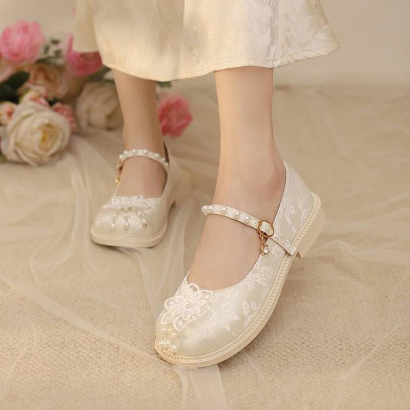 New girls Hanfu shoes comfortable buckle thick-soled medium-soled older children's shoes girls student shoes four seasons wear flower princess shoes