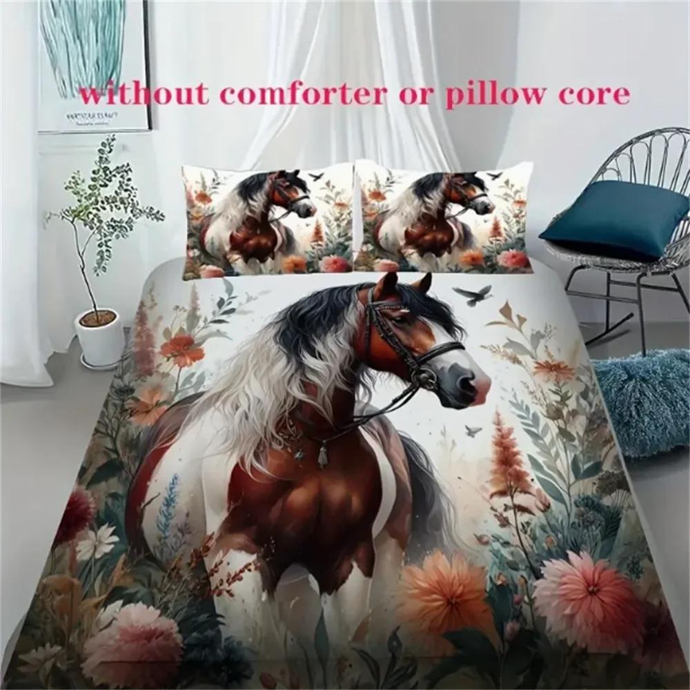 3pcs Floral Horse Printed Duvet Cover Set (1 Duvet Cover + 2 Pillowcases, No Core) - Soft, Comfortable, And Breathable Bedroom