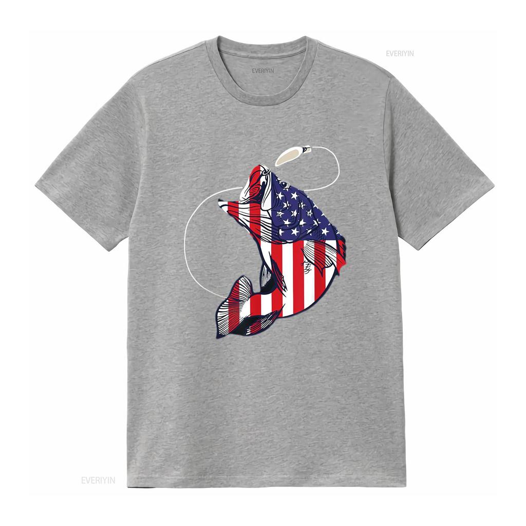 Bassfischen Fisch Amerikanische Flagge Patriotisch Vierter Juli Herren T-Shirt Weiß Vintage Gewaschen Dehnbar Oberteil Für Den Alltag