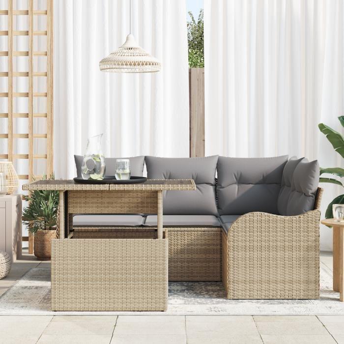 Ensemble de canapés de jardin de 5 pièces avec coussins en poly rotin beige, Canapé de jardin 2 places avec coussins en poly 3348456