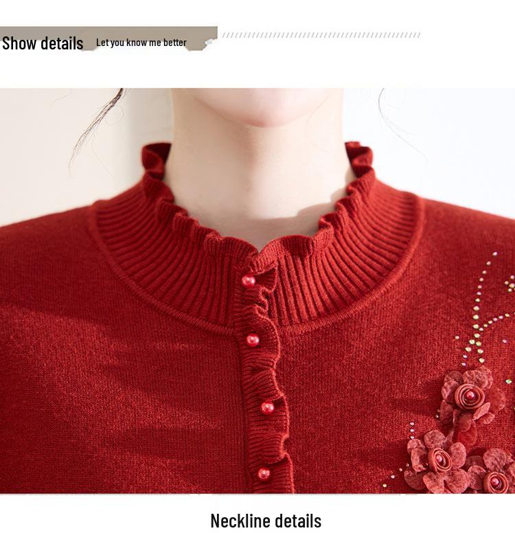 Women's Fleece Knit Top: Wood Ear Collar, Plus Velvet Warm Base Layer, Winter Inner Wear, Middle-Aged Mom's Sweater