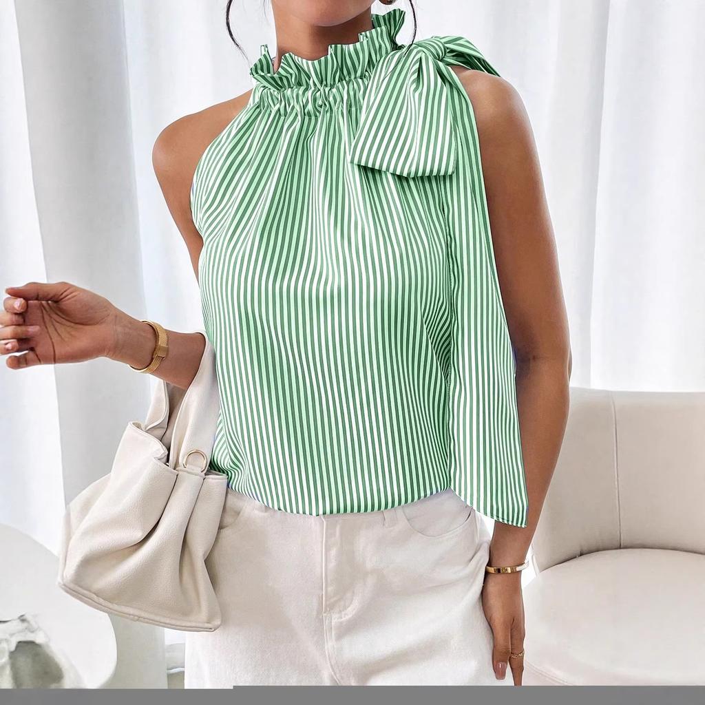 Sleeveless Striped Stand-collar Lace-up Ruffled Bow Strappy Top for Women