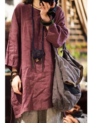 Camisetas de lino Vintage para mujer, camisetas de Color sólido, camisetas de otoño con siete mangas y botones, camisetas de estilo chino