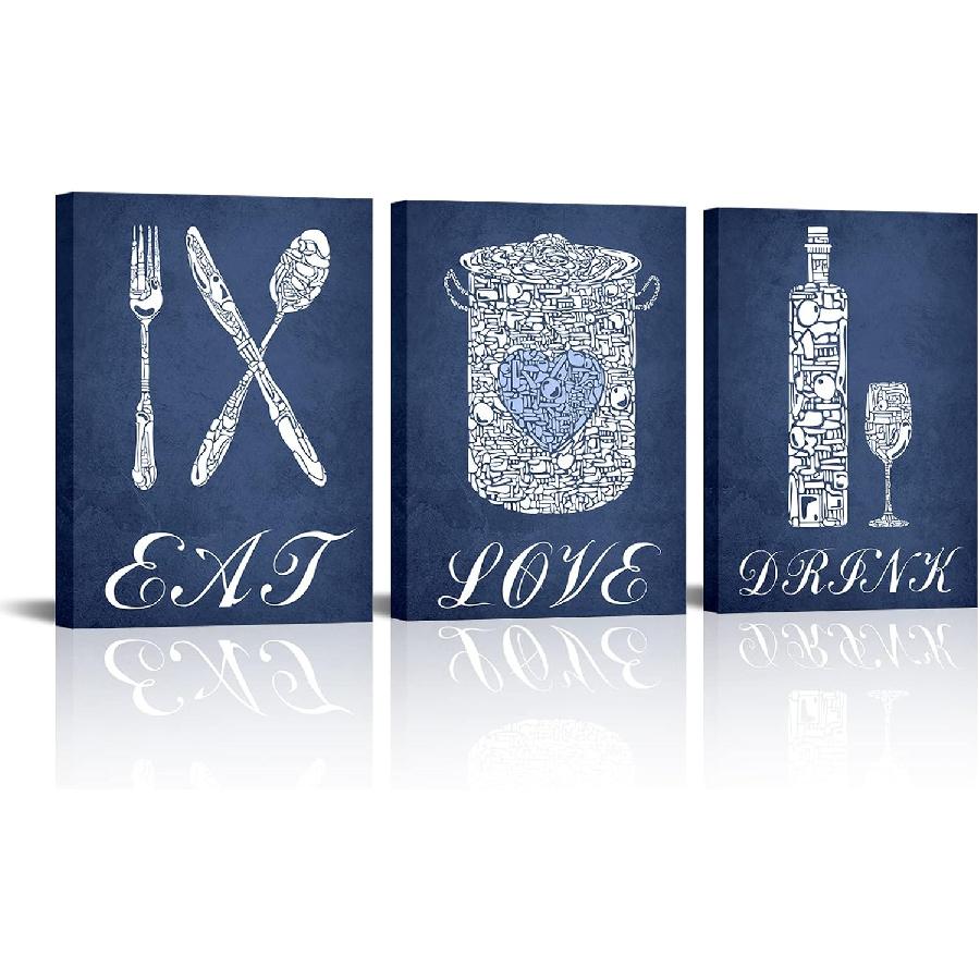 sechars 3 Piece Kitchen Wall Art Eat Love Inspirational Quote Sign Restaurant Cafe Bar Decorations Navy Blue Poster Print on Canvas Framed for