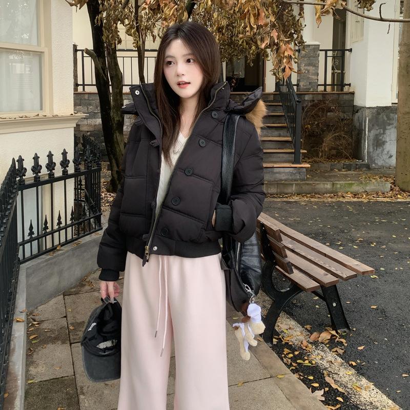 Winter versatile navy blue hooded fur collar short cotton-padded jacket women's new warm thickened down cotton-padded jacket