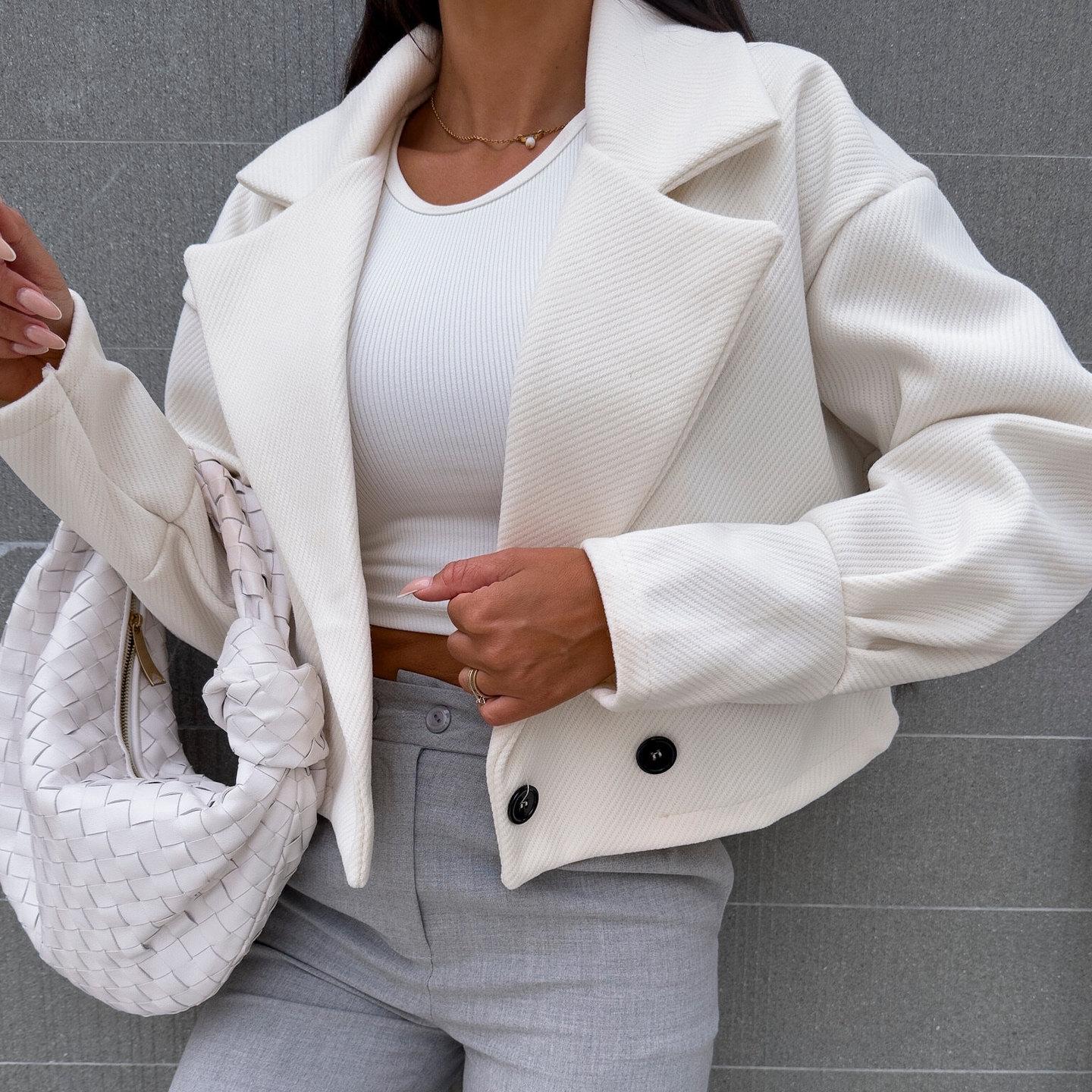 

GMXIA Осень Зима Мода Универсальный Воротник-стойка Однотонное Короткое Шерстяное Маленькое Пальто Женские Куртки и Пальто S белый