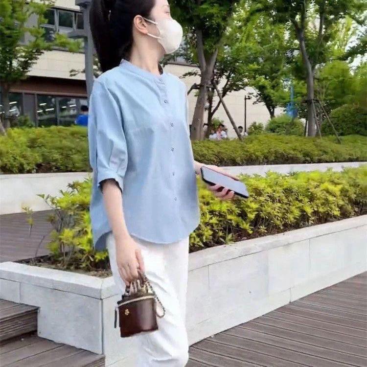 2025 Summer Casual Mid-Sleeve Slimming Loose Fit Shirt – Stylish and Versatile Solid Color Top