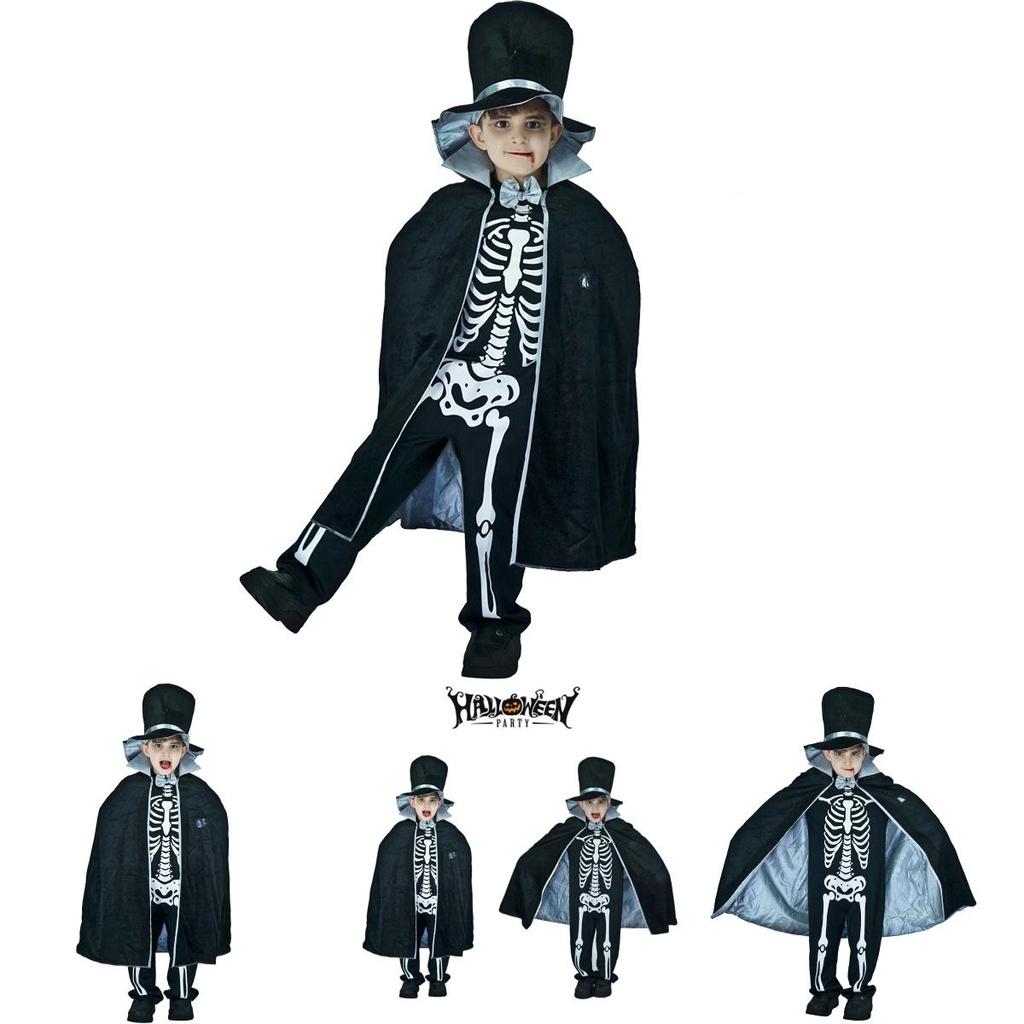 Kids Boy Skeleton Skull Ghost Cloak Halloween Cosplay Party Outfit Costume
