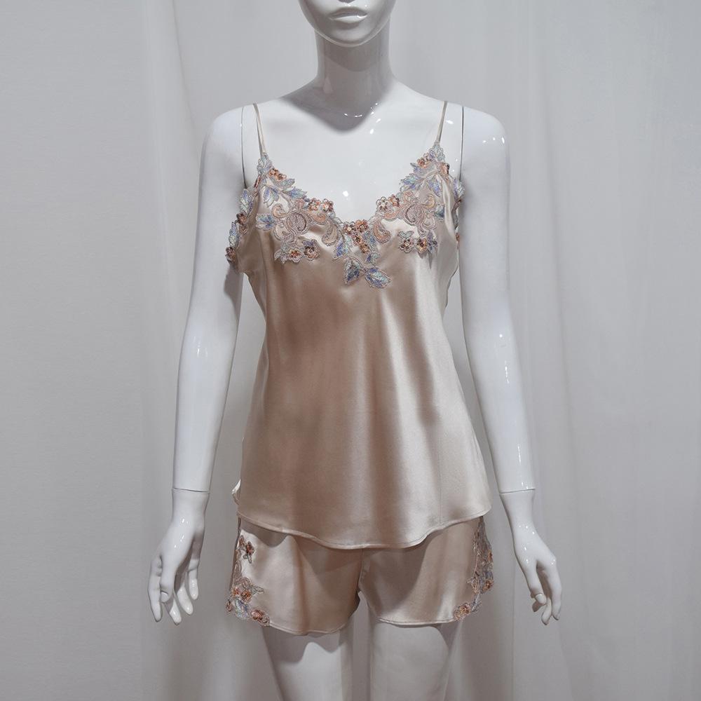 Women's Embroidered Silk Robe & Nightgown Set: Long Camisole, Multi-piece Mulberry Silk Sleepwear