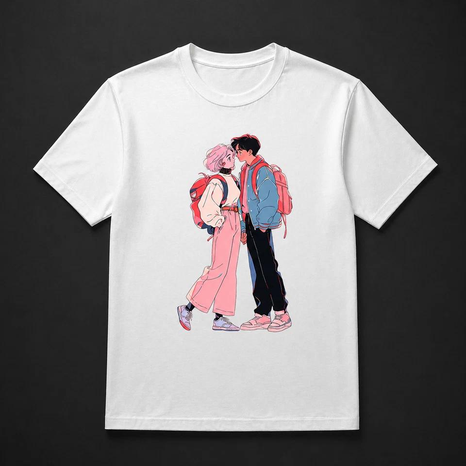 Anime Couple Kiss Graphic T Shirt Black or White Unisex Romantic Manga Tee 1