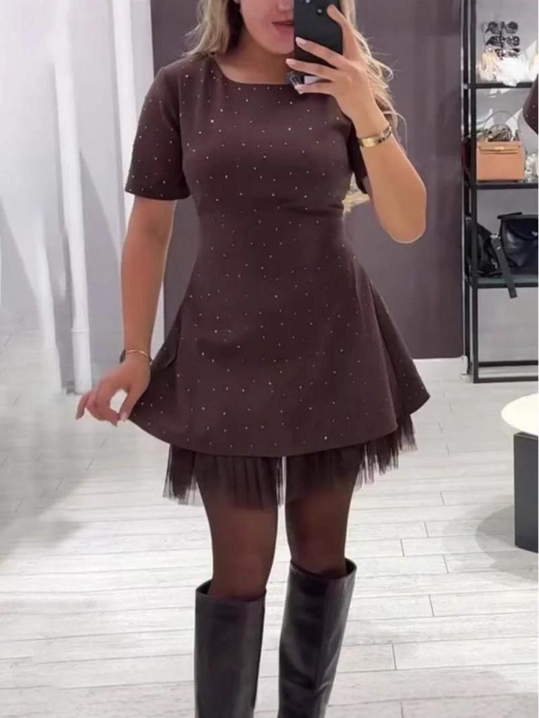 2025 Rhinestone Mesh Pleated Dress - Spring/Summer European Collection